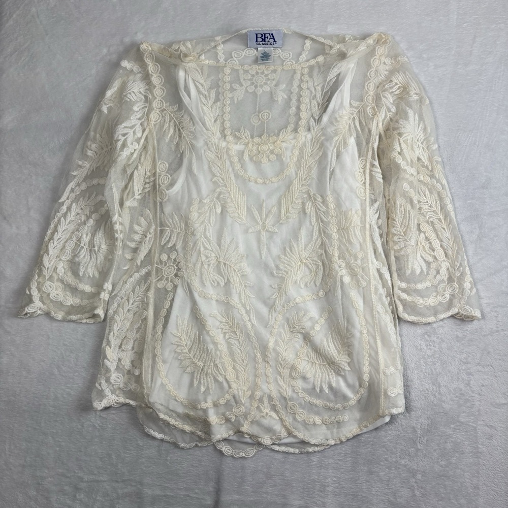 BFA Classics Floral Long Sleeve Sheer Lace Beige‎ Top Women's Large